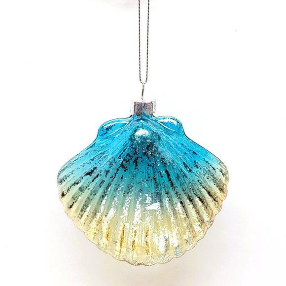 Iridescent Glass Scallop Christmas Ornament Silver Blue Shiny Coastal JS 3.5" - Picture 2 of 4